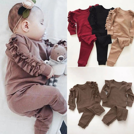 Newborn Baby Girls Ruffles Jumper Solid Long Sleeve Sweatshirt Tops Pants Infant Kids 2Pcs Outfits Clothes Set Fall Clothes