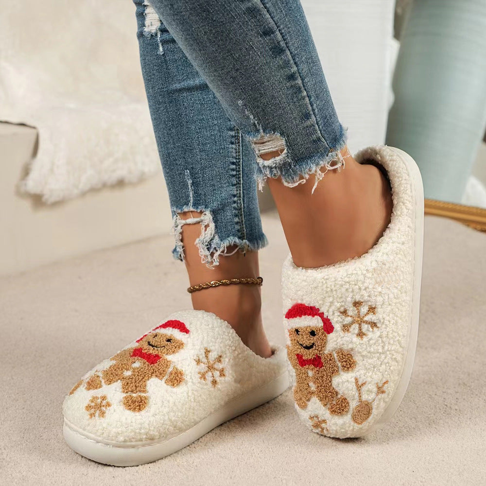 Christmas Snowflake Gingerbread Slippers Winter Indoor Non-slip Floor Bedroom Fuzzy House Shoes For Women