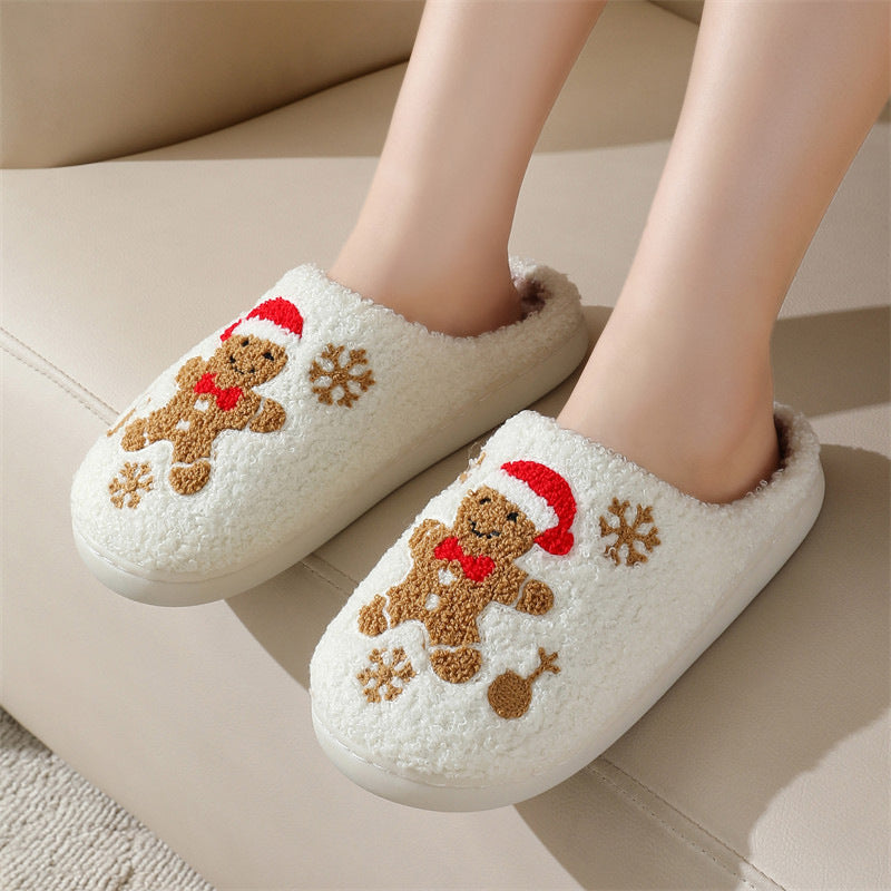 Christmas Snowflake Gingerbread Slippers Winter Indoor Non-slip Floor Bedroom Fuzzy House Shoes For Women