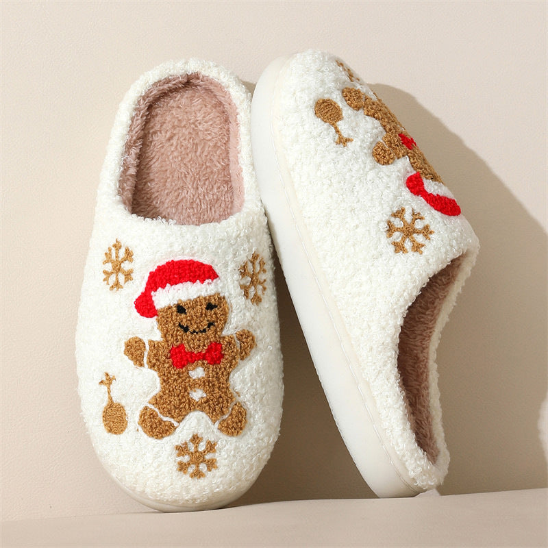 Christmas Snowflake Gingerbread Slippers Winter Indoor Non-slip Floor Bedroom Fuzzy House Shoes For Women