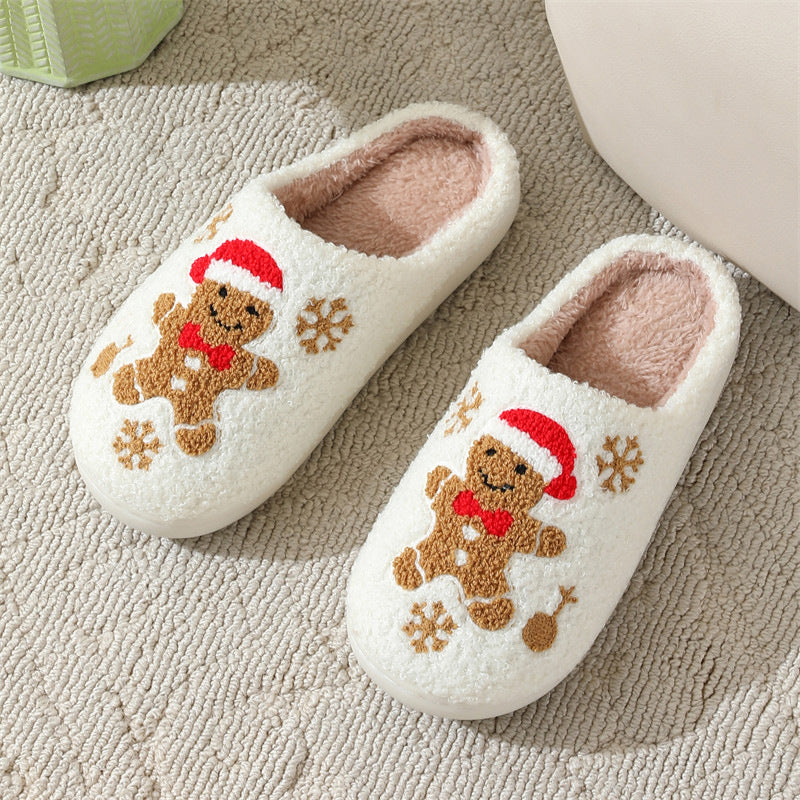 Christmas Snowflake Gingerbread Slippers Winter Indoor Non-slip Floor Bedroom Fuzzy House Shoes For Women