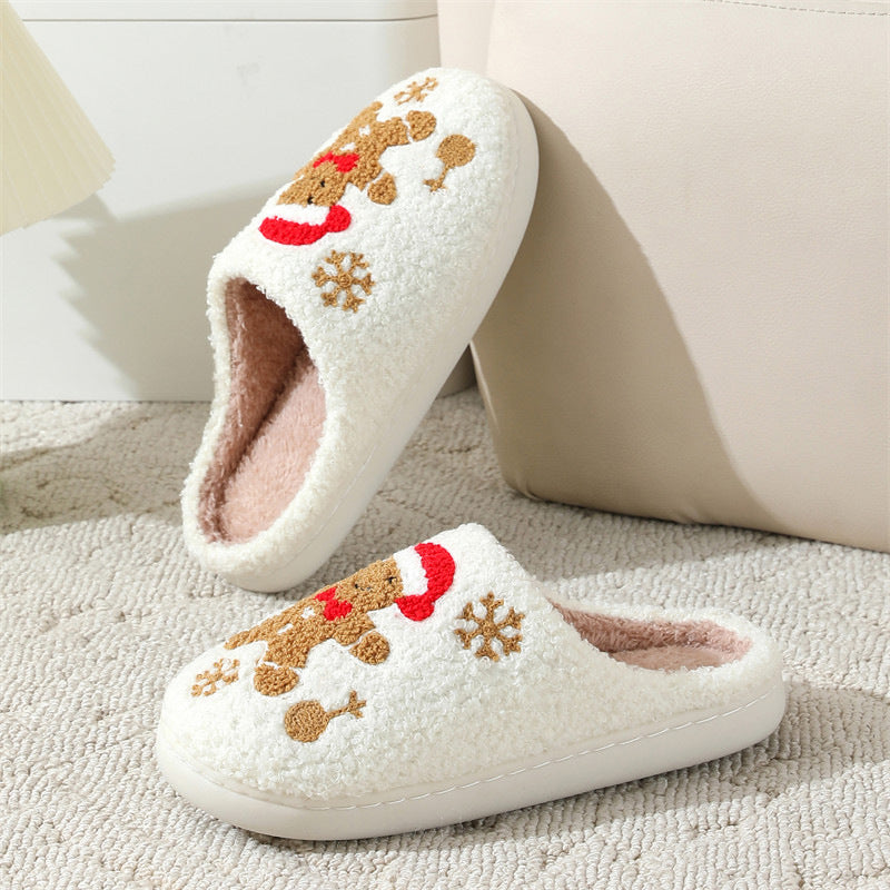 Christmas Snowflake Gingerbread Slippers Winter Indoor Non-slip Floor Bedroom Fuzzy House Shoes For Women