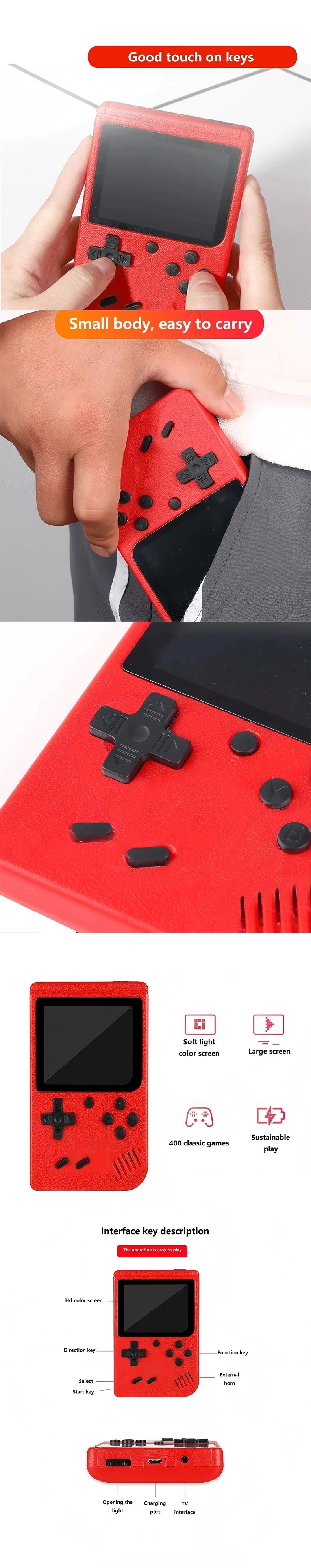 A Red Retro Classic Games Children's Handheld Small Game Console With Hundreds Of Game Charging Can Be Connected To The TV