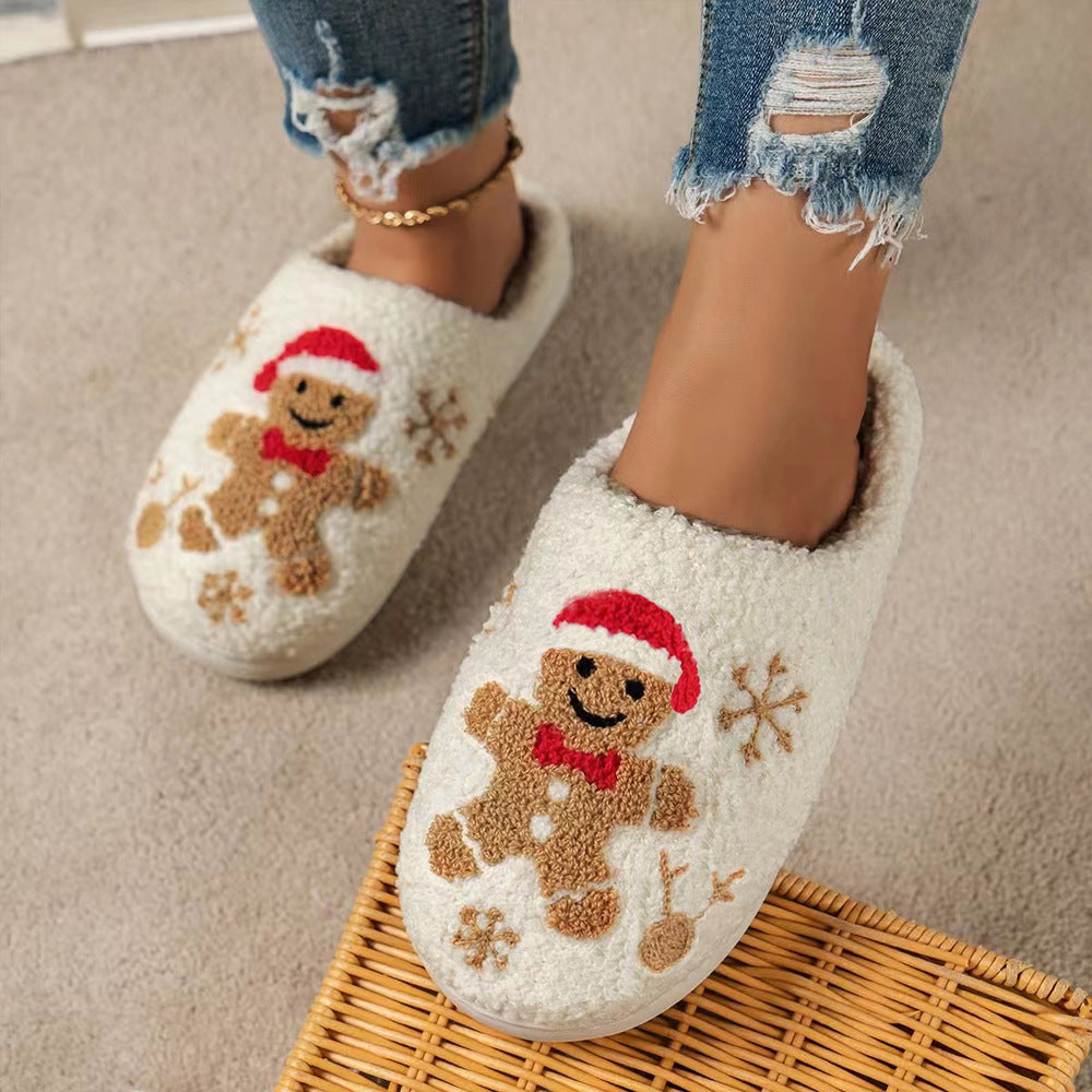 Christmas Snowflake Gingerbread Slippers Winter Indoor Non-slip Floor Bedroom Fuzzy House Shoes For Women